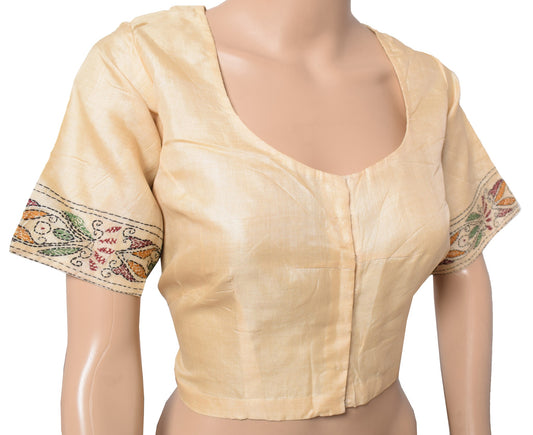Sushila Vintage Cream Stitched Sari Blouse Pure Tussar Hand Embroidered Choli42"
