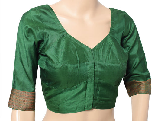 Sushila Vintage Readymade Green Sari Blouse Zari Woven Pure Silk Top Choli 34"