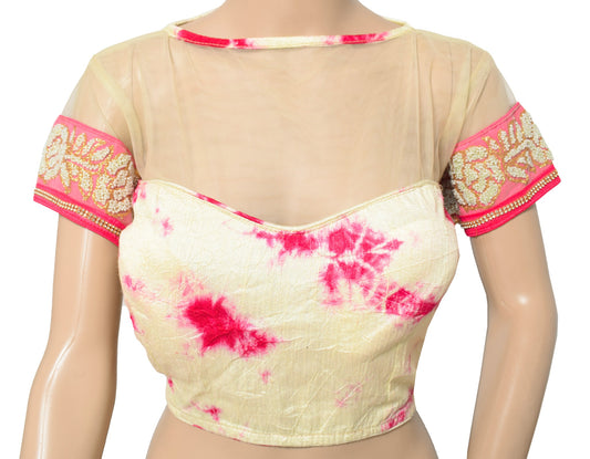 Sushila Vintage 38" Batik Print Saree Blouse Silk Cream and Magenta Designer Top