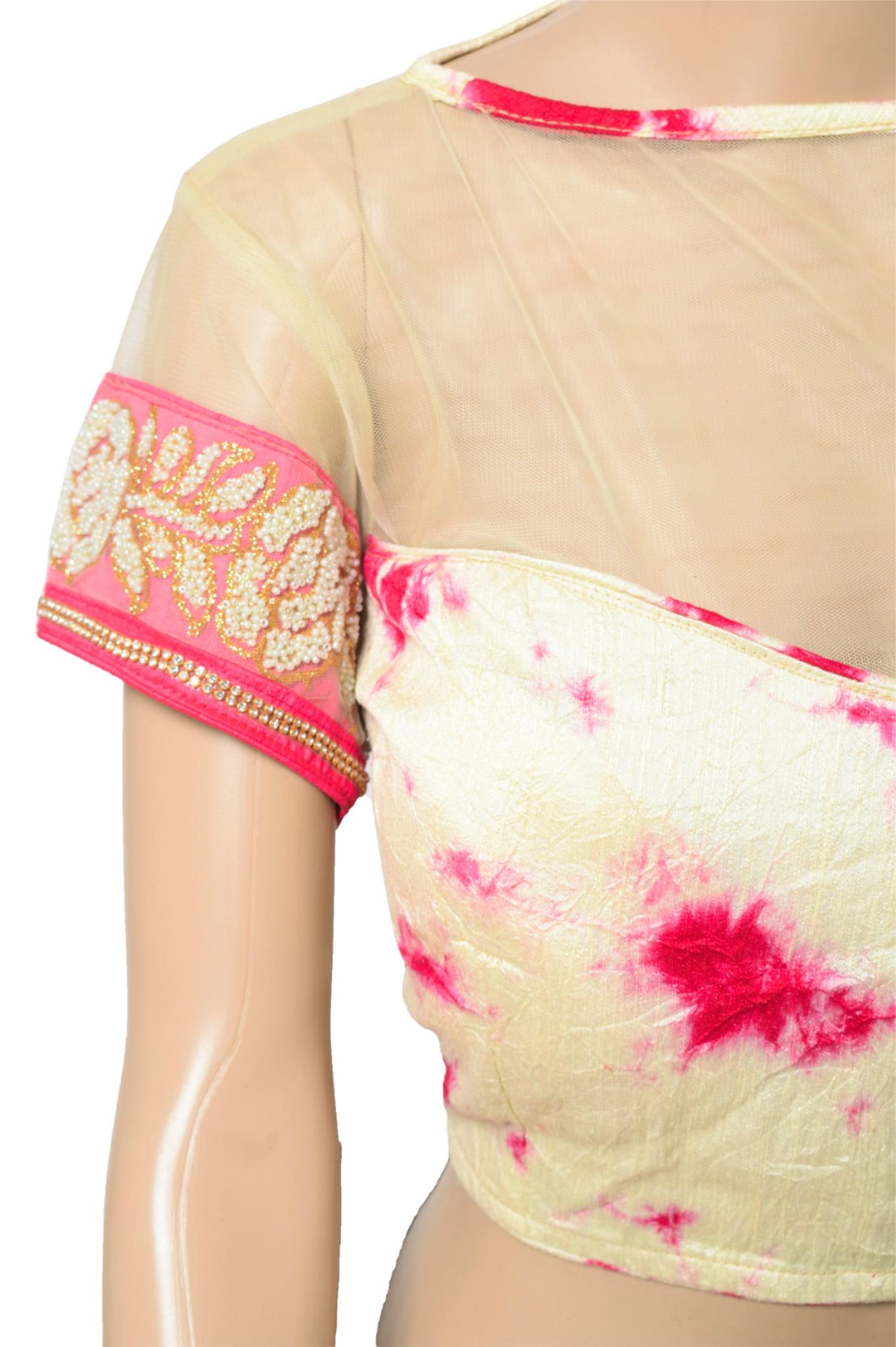 Sushila Vintage 38" Batik Print Saree Blouse Silk Cream and Magenta Designer Top