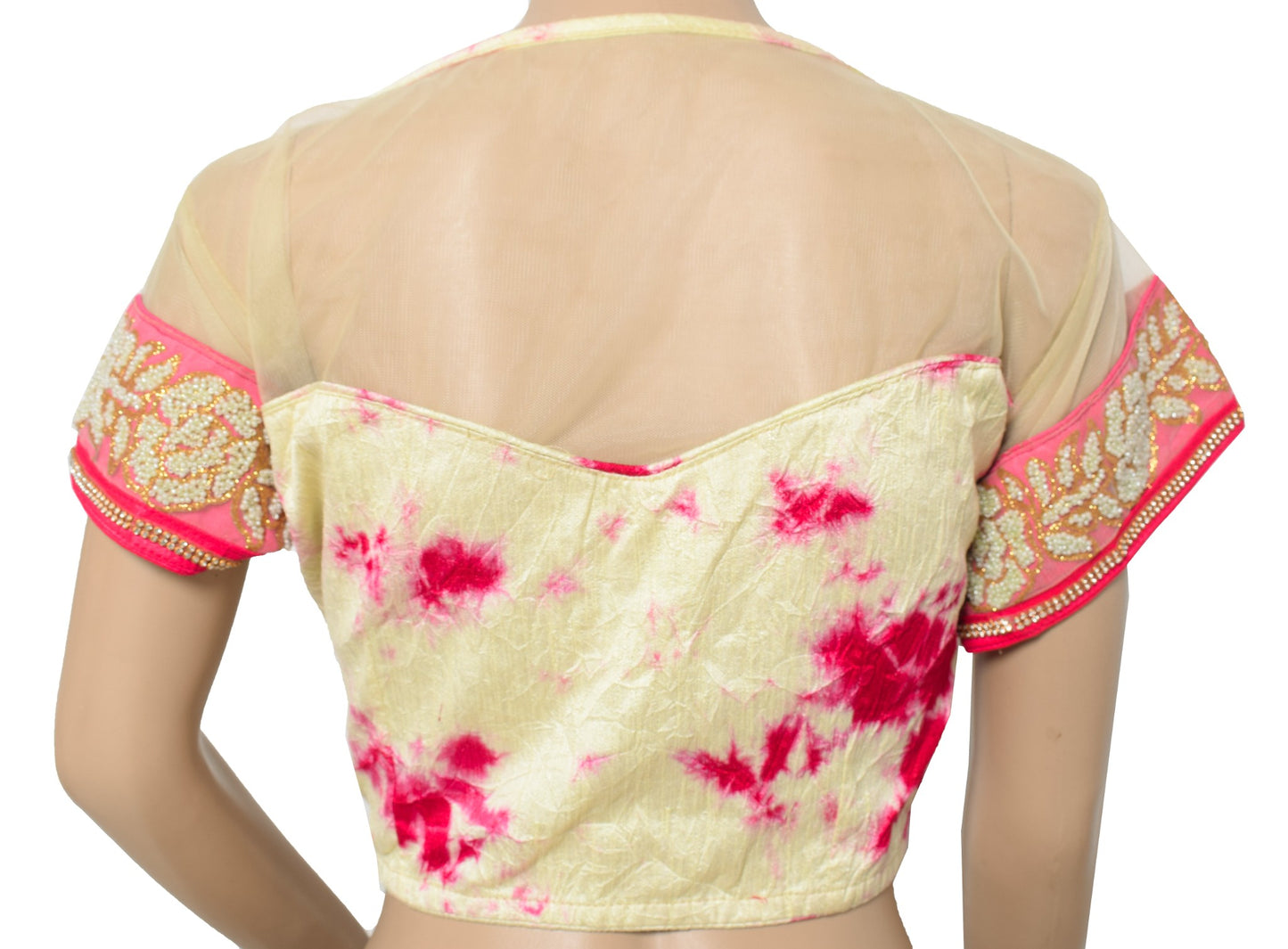Sushila Vintage 38" Batik Print Saree Blouse Silk Cream and Magenta Designer Top