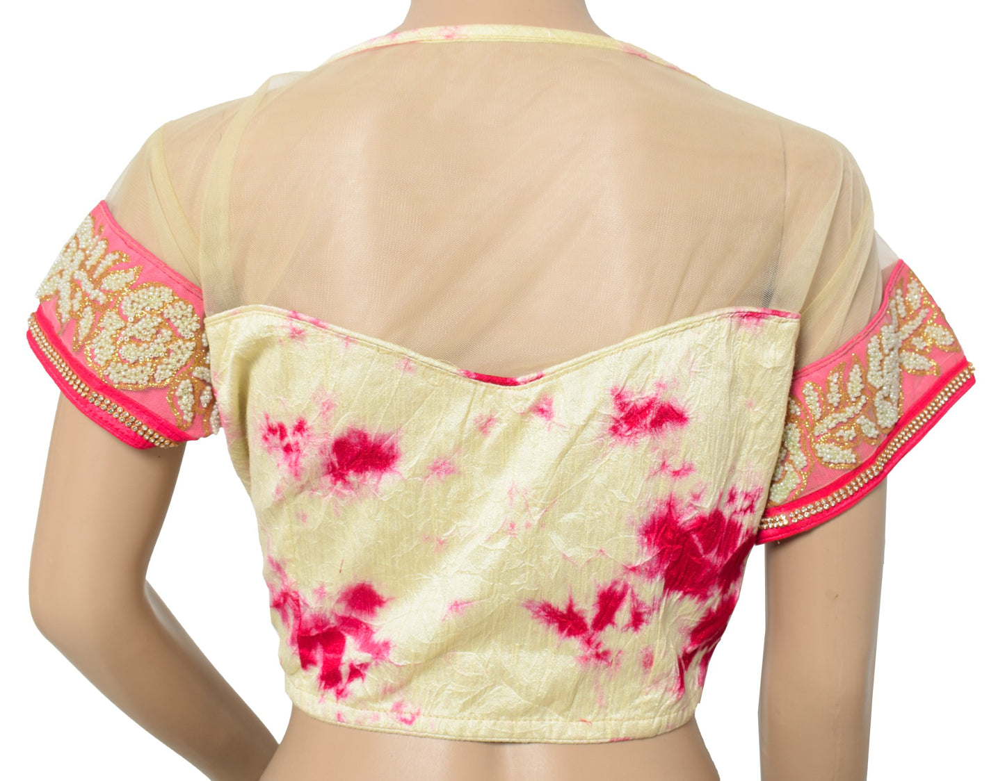 Sushila Vintage 38" Batik Print Saree Blouse Silk Cream and Magenta Designer Top