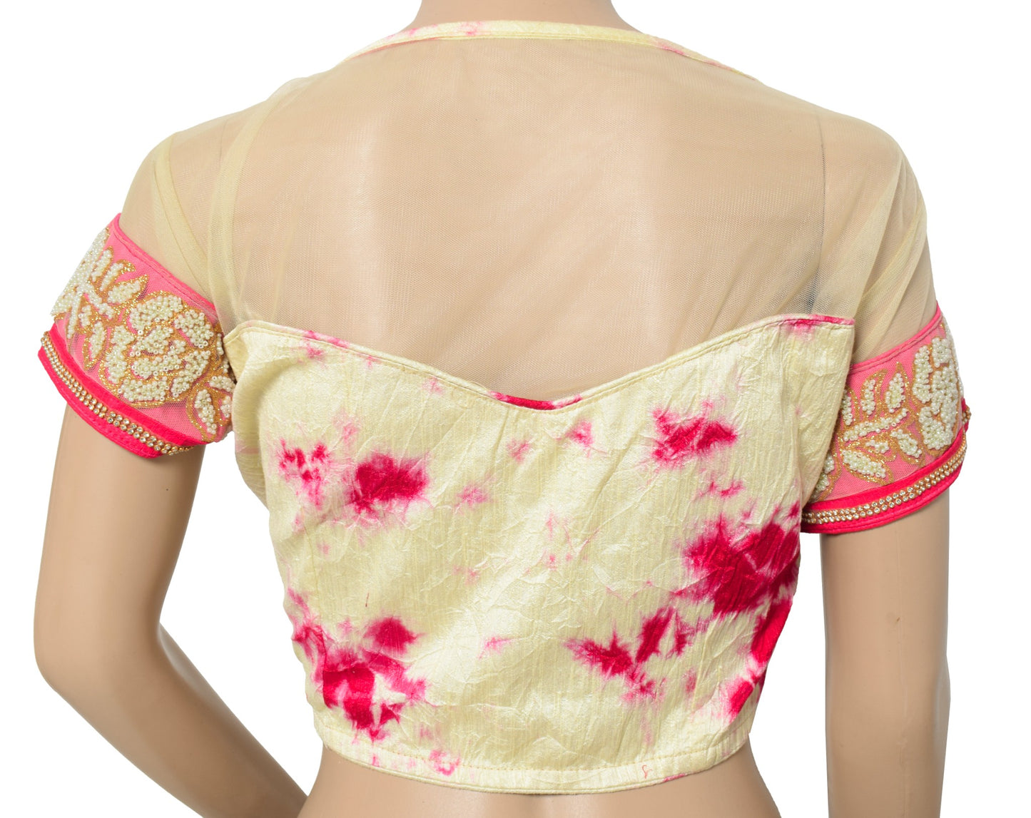 Sushila Vintage 38" Batik Print Saree Blouse Silk Cream and Magenta Designer Top
