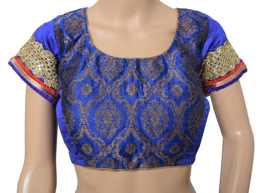 Sushila Vintage Blue Saree Blouse Crafted in Pure Silk – Woven Padded Choli 40"