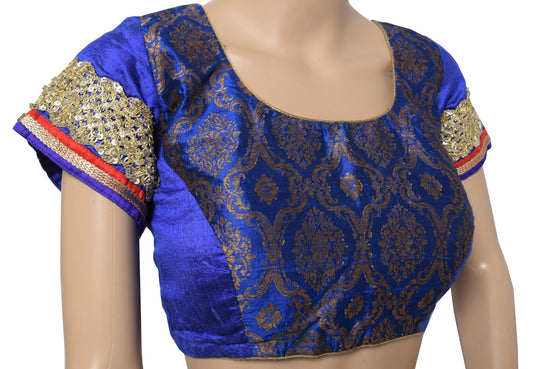 Sushila Vintage Blue Saree Blouse Crafted in Pure Silk – Woven Padded Choli 40"