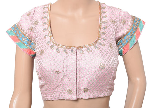 Sushila Vintage Floral Top Brocade Pink Princess Cut Readymade Sari Blouse 38"