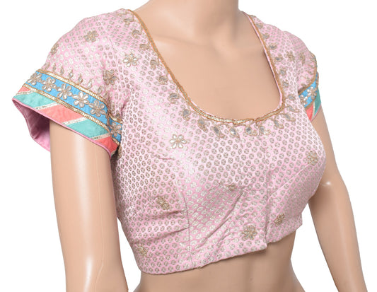 Sushila Vintage Floral Top Brocade Pink Princess Cut Readymade Sari Blouse 38"