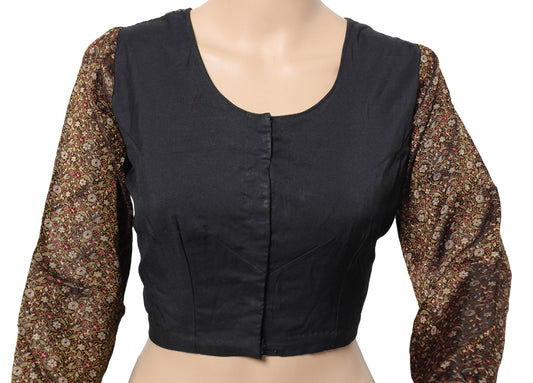 Sushila Vintage Floral Woven Sari Blouse Pure Cotton Silk Stitched Black Top 34"