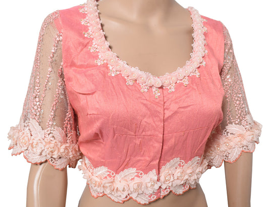 Sushila Vintage Pink Readymade Designer Blouse with Lace and Pearl Work Top 50"