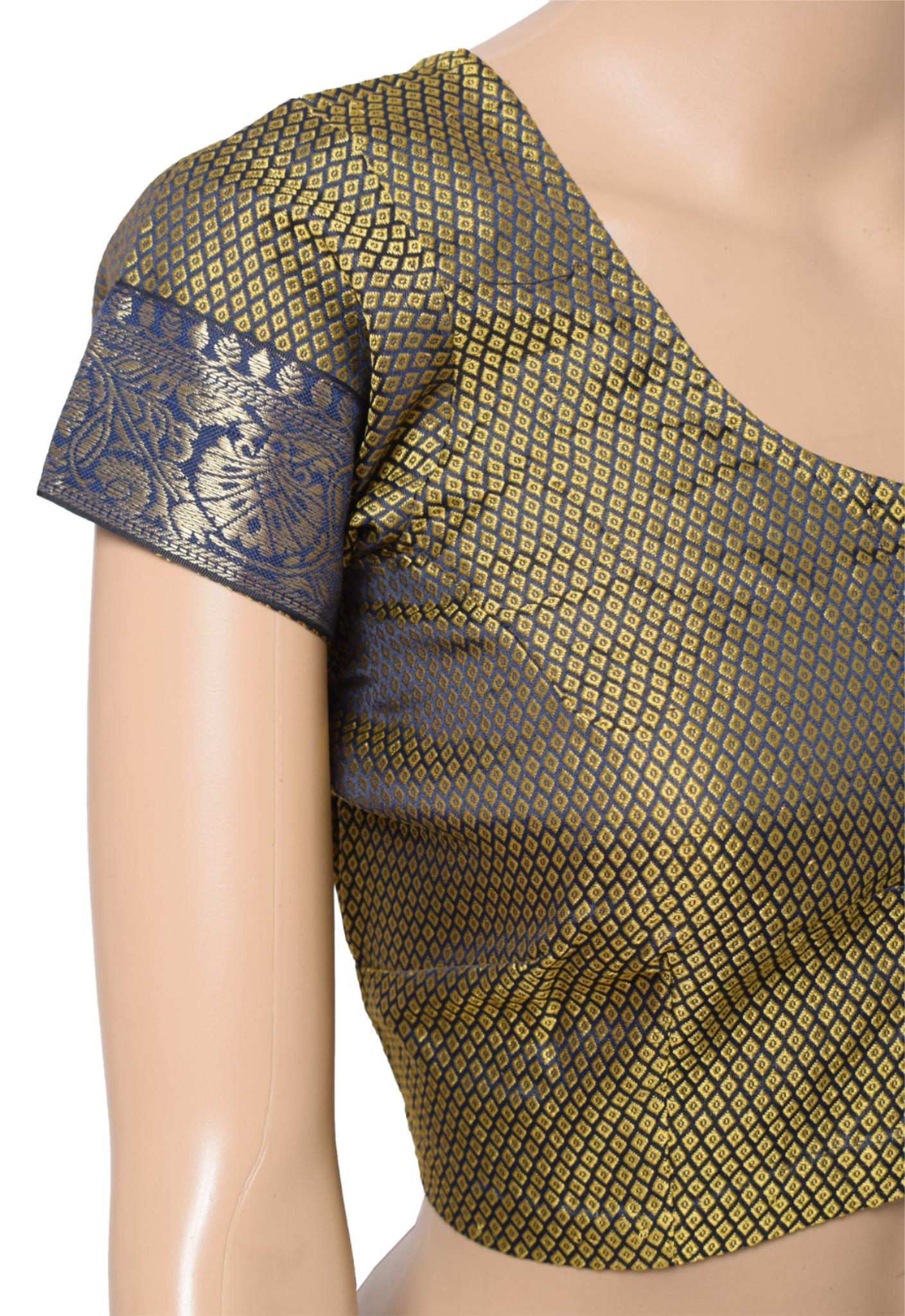 Sushila Vintage Art Silk Stitched Sari Blouse Blue Woven Designer Choli 34"