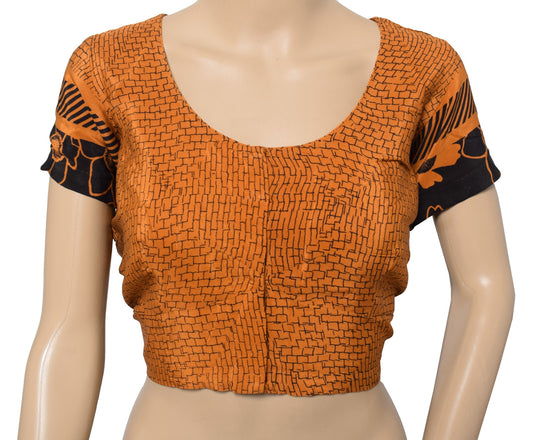 Sushila Vintage Readymade Stitched Sari Blouse Crepe Printed Rust TopCholi 44"