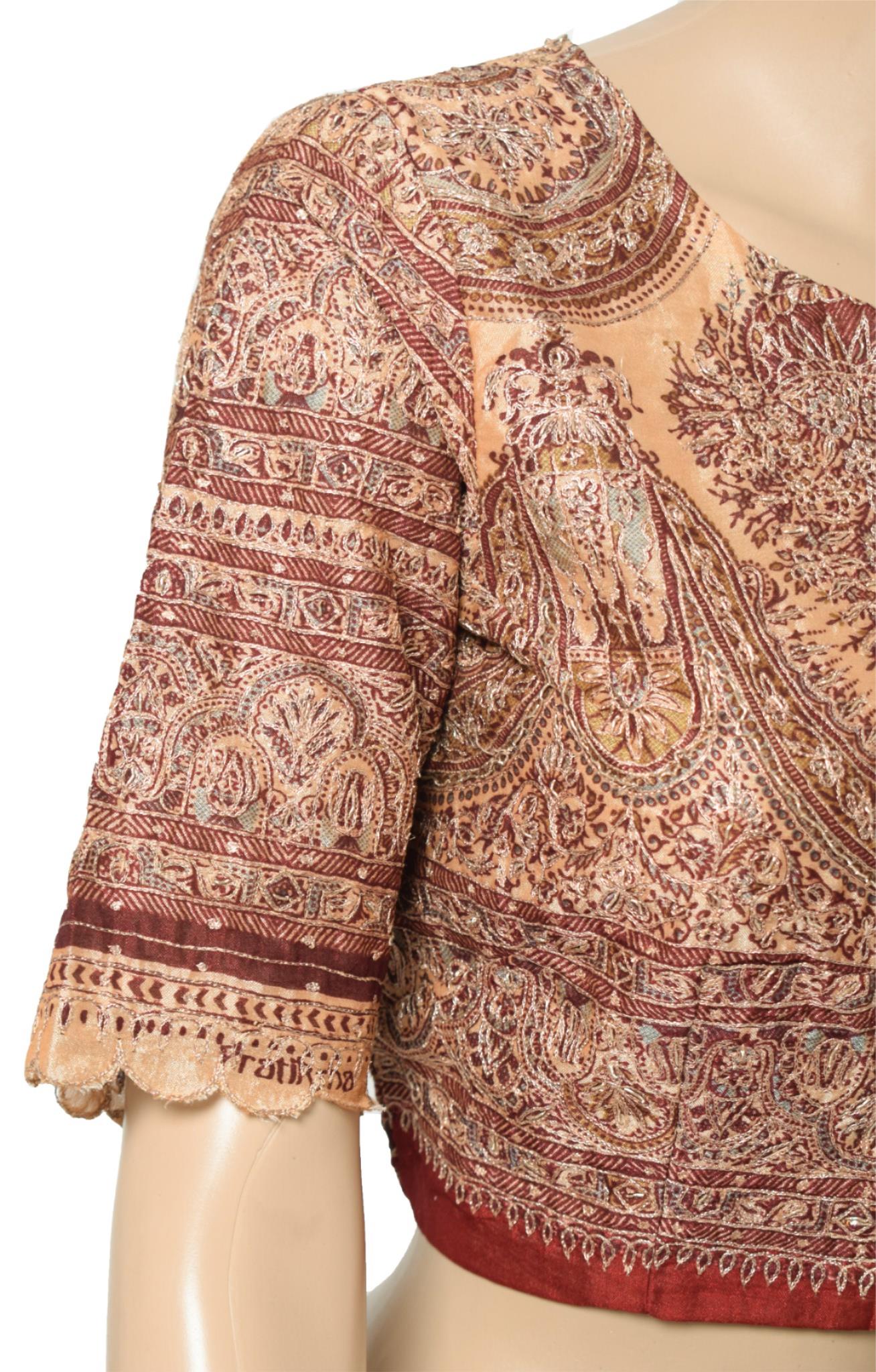 Sushila Vintage Art Silk Stitched Sari Blouse Light Brown Aari Work Choli 36"