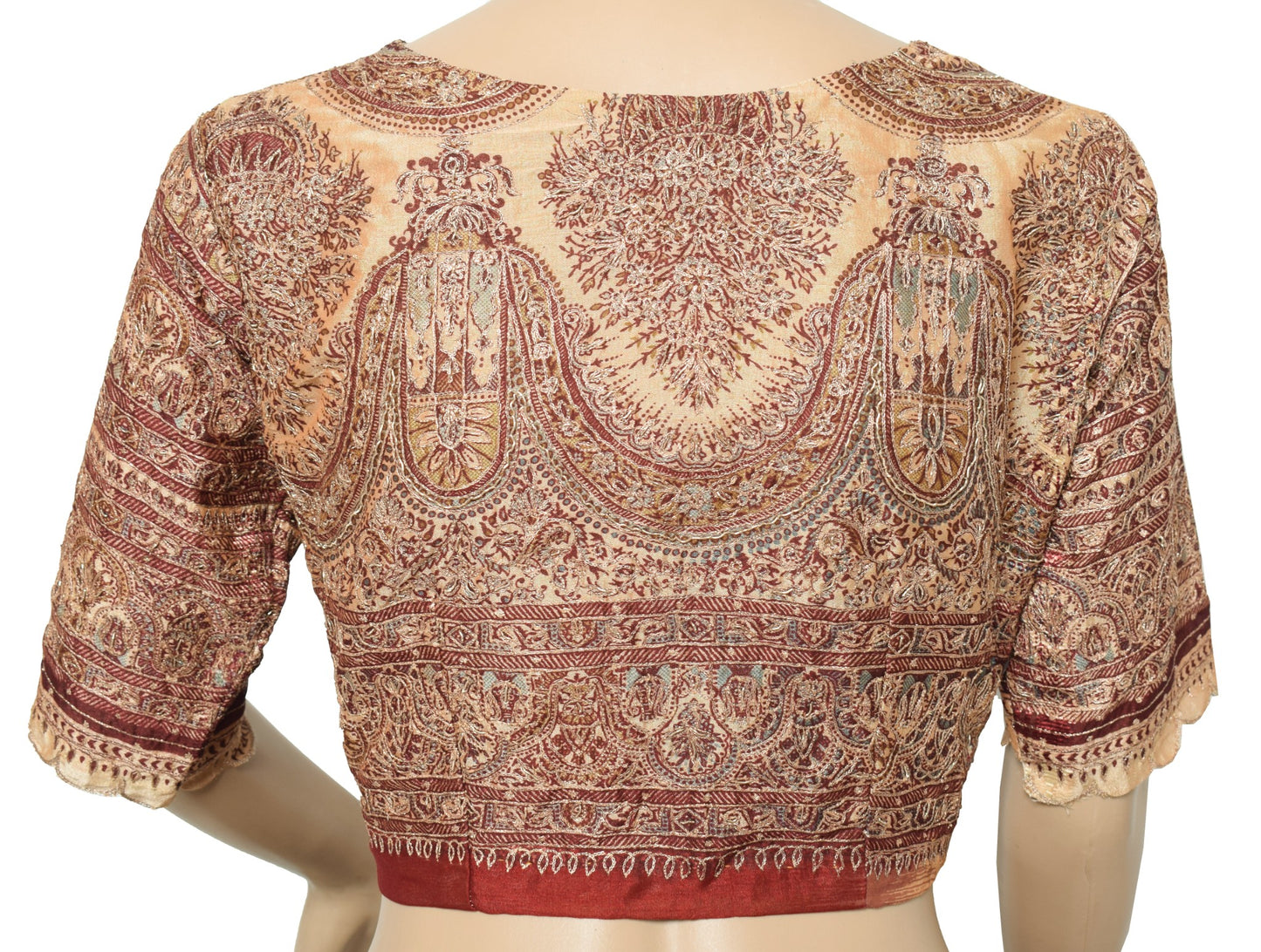 Sushila Vintage Art Silk Stitched Sari Blouse Light Brown Aari Work Choli 36"