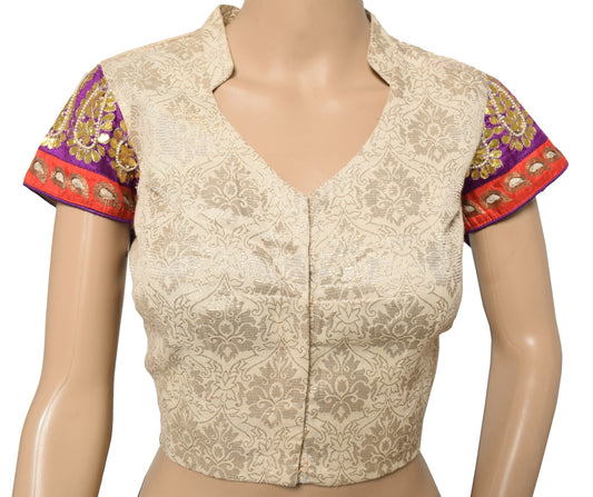 Sushila Vintage Beige Top Brocade Fancy Floral Designer Stitched Sari Blouse 38"