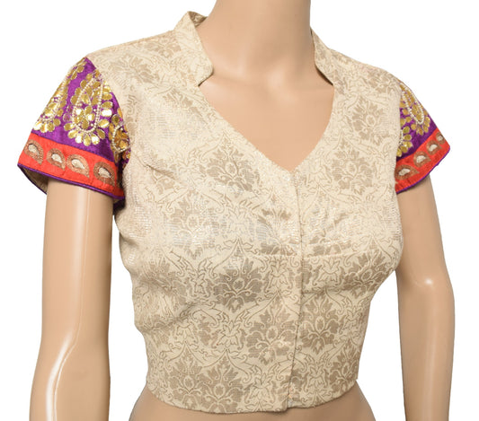Sushila Vintage Beige Top Brocade Fancy Floral Designer Stitched Sari Blouse 38"