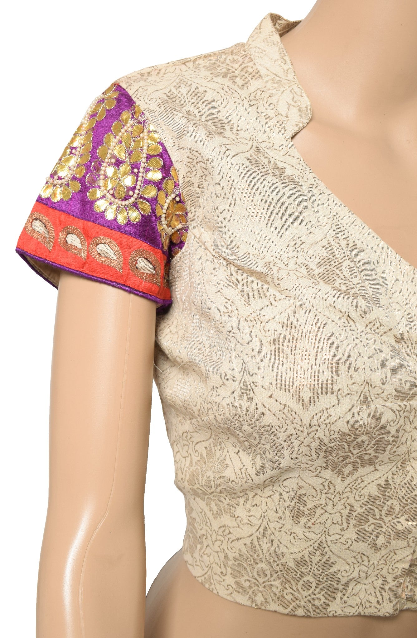 Sushila Vintage Beige Top Brocade Fancy Floral Designer Stitched Sari Blouse 38"
