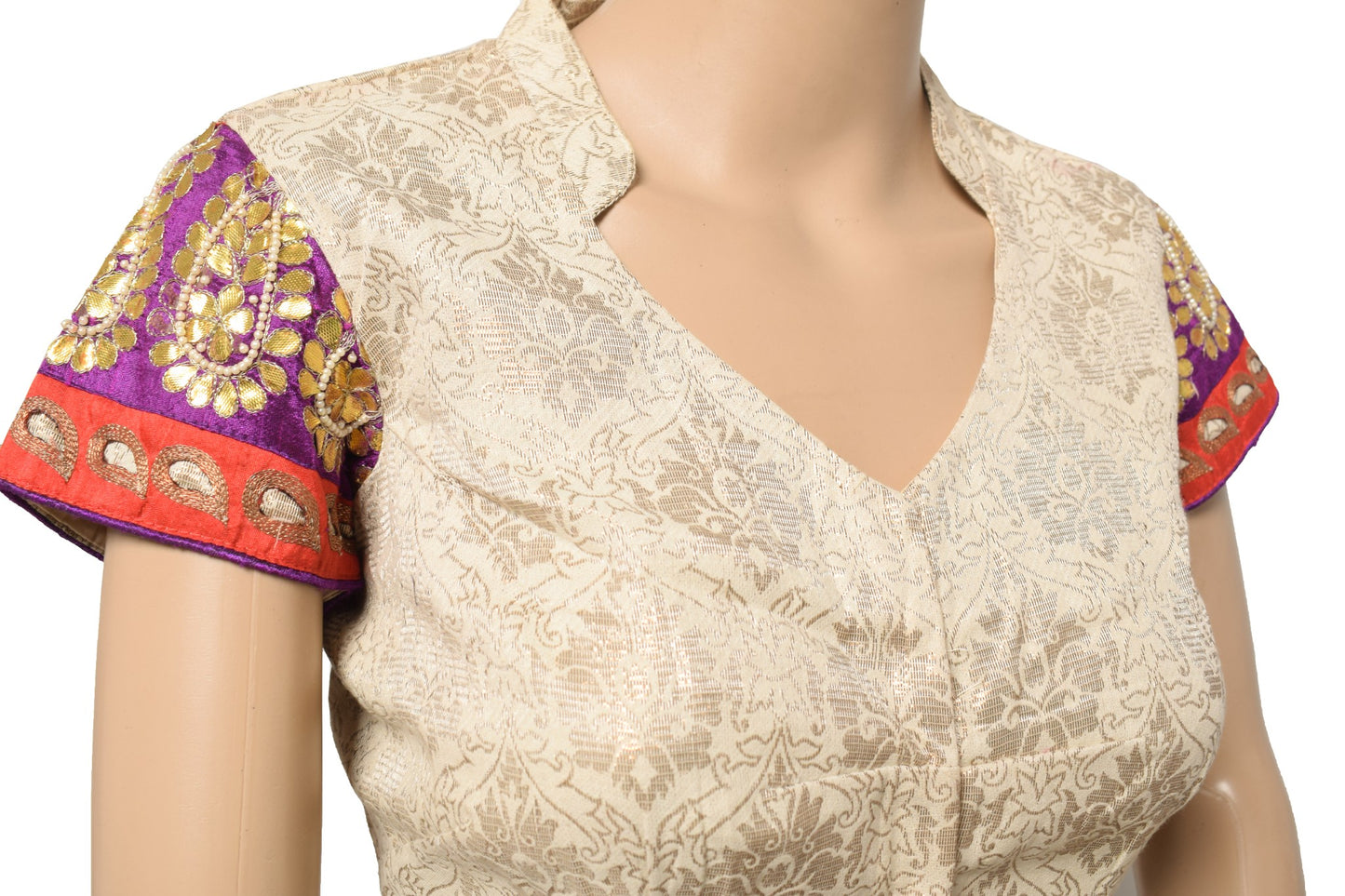 Sushila Vintage Beige Top Brocade Fancy Floral Designer Stitched Sari Blouse 38"