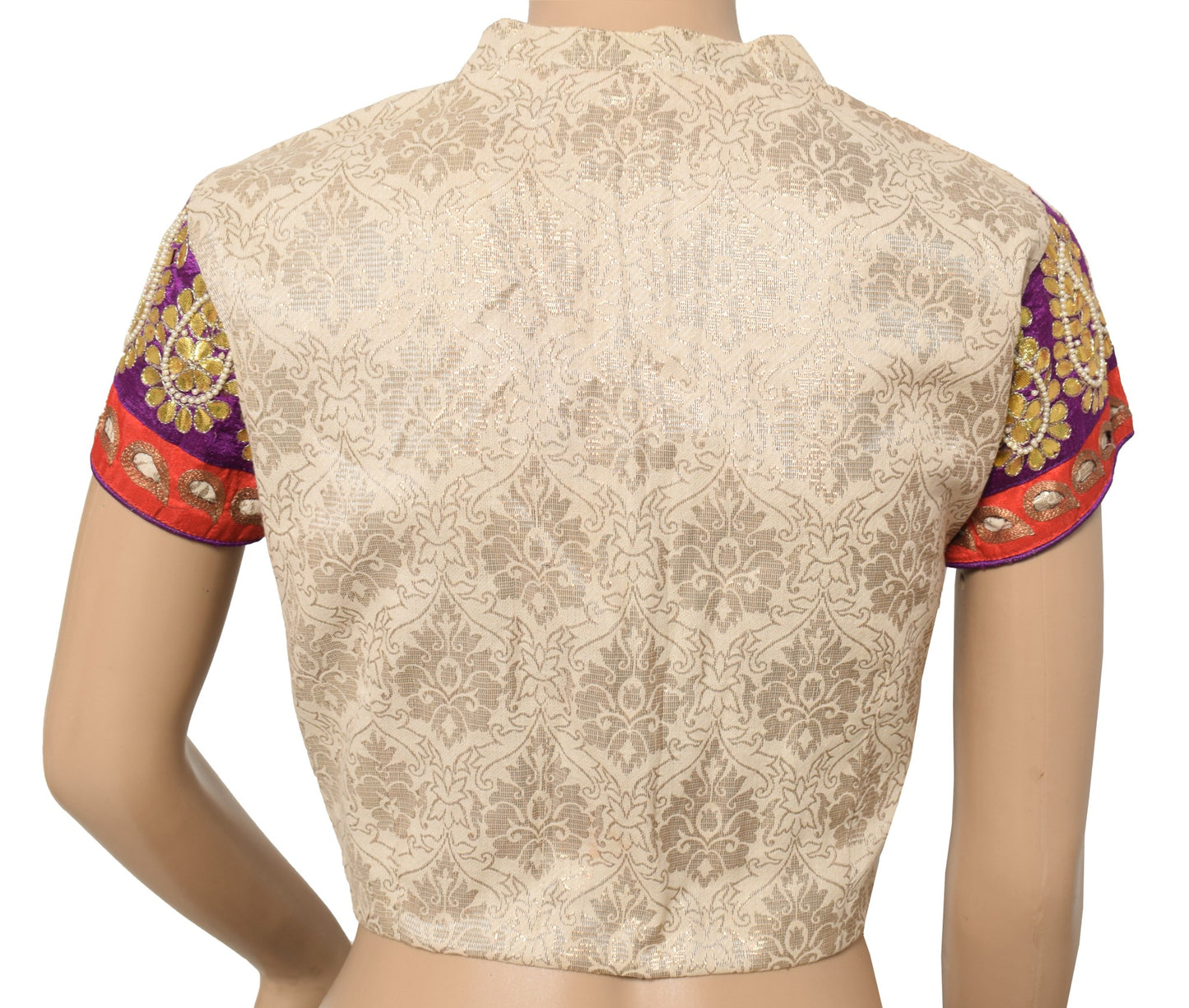 Sushila Vintage Beige Top Brocade Fancy Floral Designer Stitched Sari Blouse 38"
