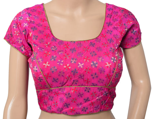 Sushila Vintage Magenta Sari Blouse Floral Woven Readymade Padded Top Choli 38"