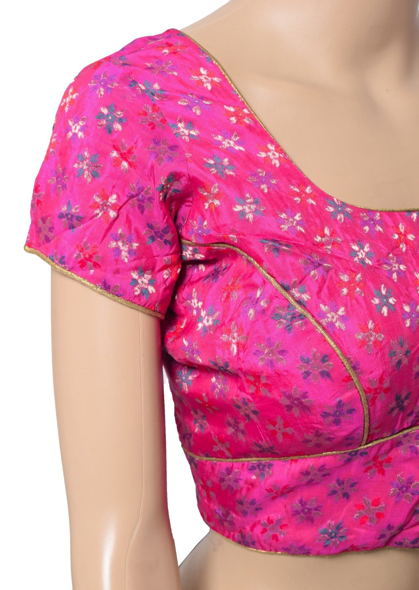 Sushila Vintage Magenta Sari Blouse Floral Woven Readymade Padded Top Choli 38"