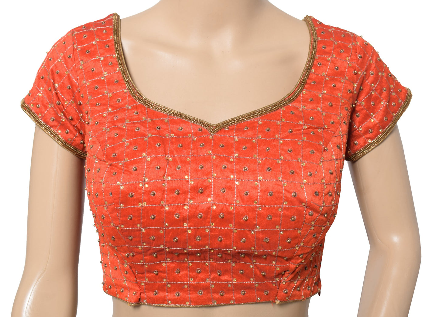 Sushila Vintage Padded Red Sari Blouse Readymade Art Silk Embroidered Choli 34"