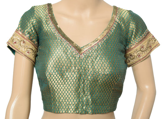 Sushila Vintage Banarasi Brocade Sari Blouse Green Pure Silk Designer Choli 34"
