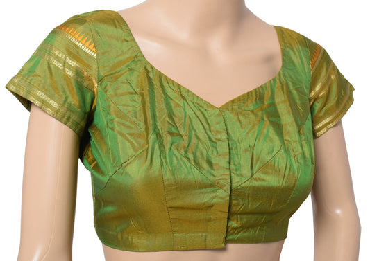 Sushila Vintage Green Stitched Sari Blouse Pure Silk Hand Woven Indian Choli 32"