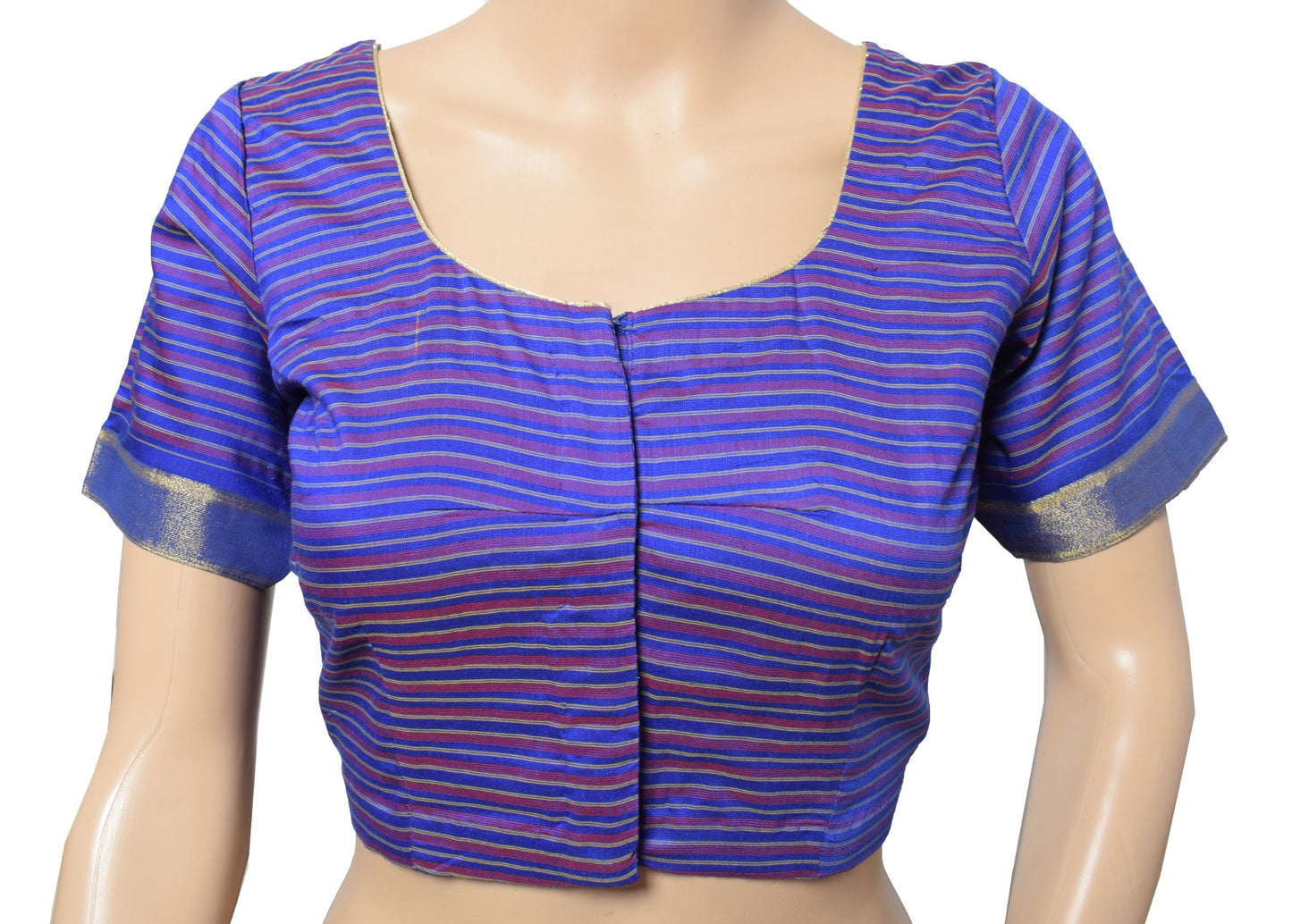 Sushila Vintage Readymade Blue Sari Blouse Stripes Woven Art Silk Choli Top 36"