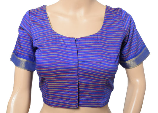 Sushila Vintage Readymade Blue Sari Blouse Stripes Woven Art Silk Choli Top 36"