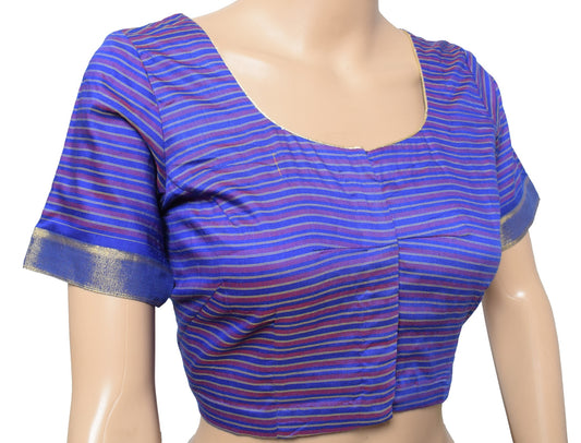 Sushila Vintage Readymade Blue Sari Blouse Stripes Woven Art Silk Choli Top 36"