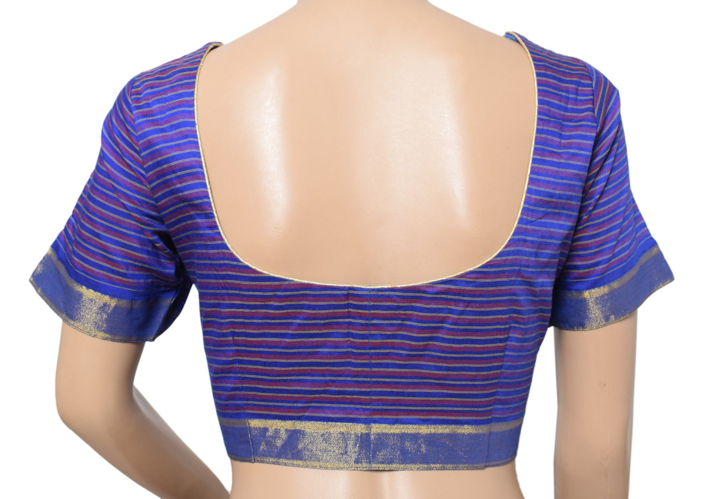 Sushila Vintage Readymade Blue Sari Blouse Stripes Woven Art Silk Choli Top 36"