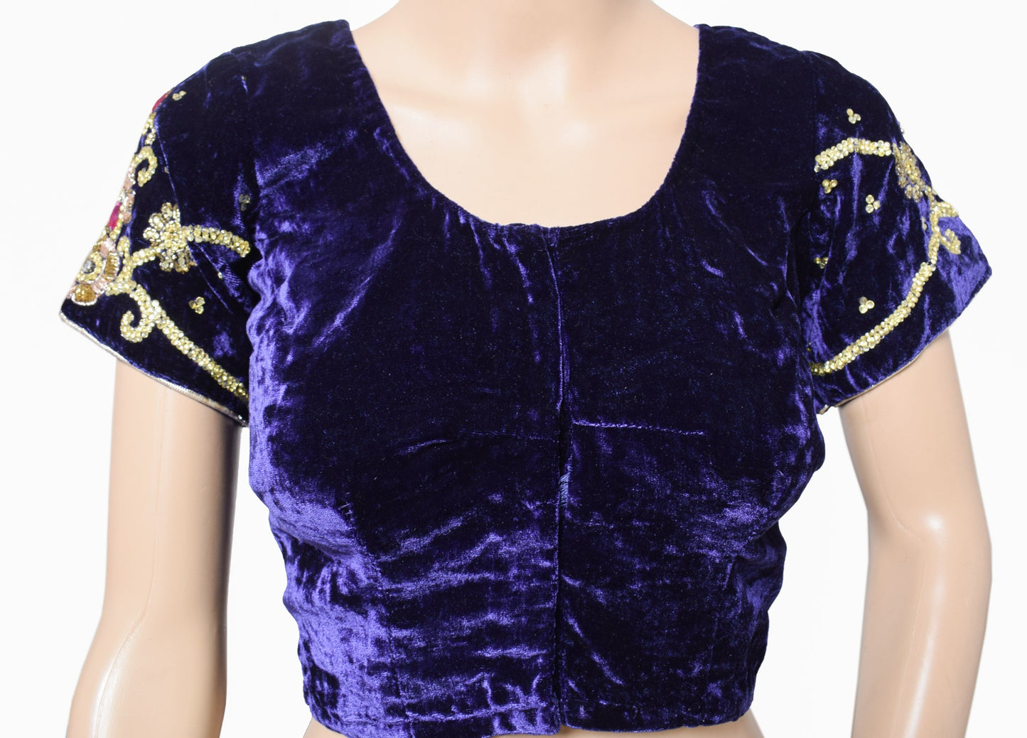 Sushila Vintage Velvet Blue Sari Blouse Beaded Stone Work Designer HEAVY Top 38"