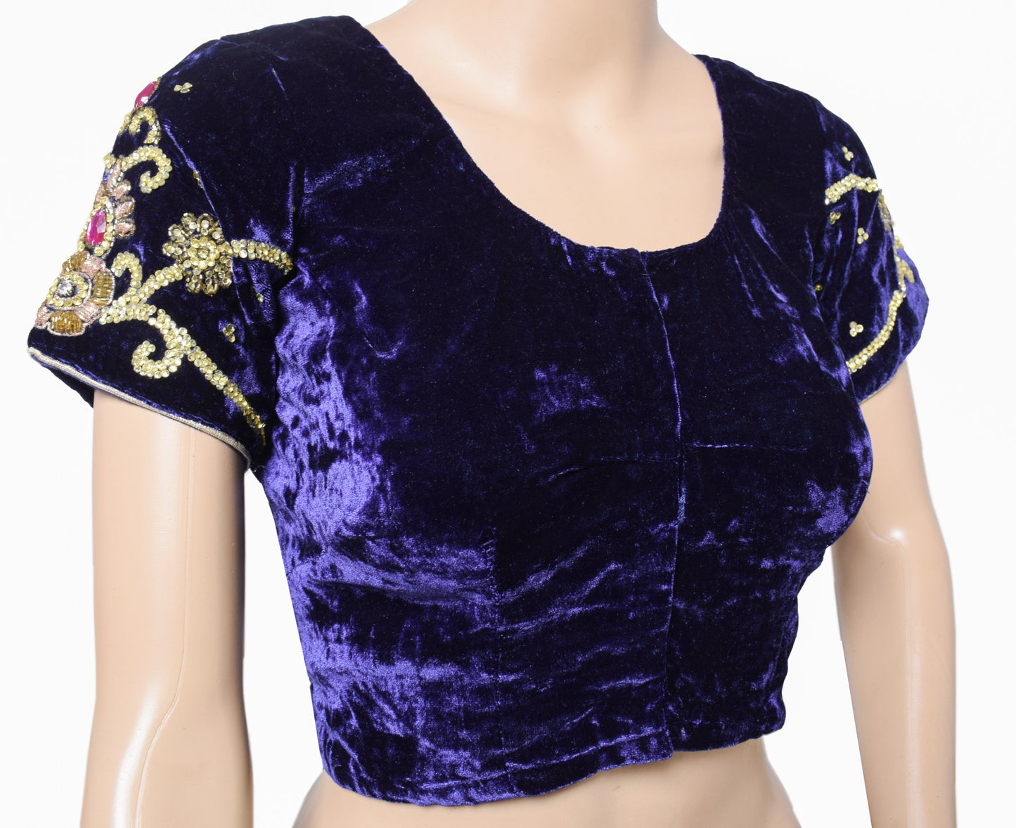 Sushila Vintage Velvet Blue Sari Blouse Beaded Stone Work Designer HEAVY Top 38"