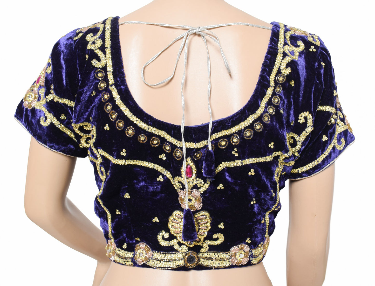 Sushila Vintage Velvet Blue Sari Blouse Beaded Stone Work Designer HEAVY Top 38"