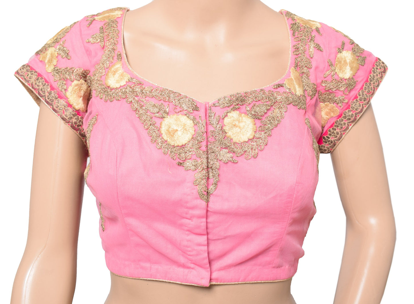 Sushila Vintage Floral Embroidered Sari Blouse Pink Net Mesh Designer Choli 38"