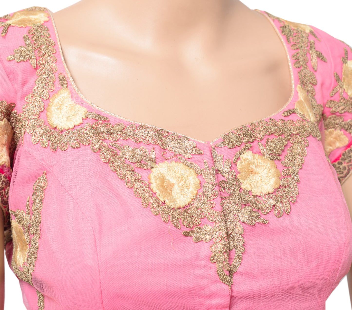 Sushila Vintage Floral Embroidered Sari Blouse Pink Net Mesh Designer Choli 38"