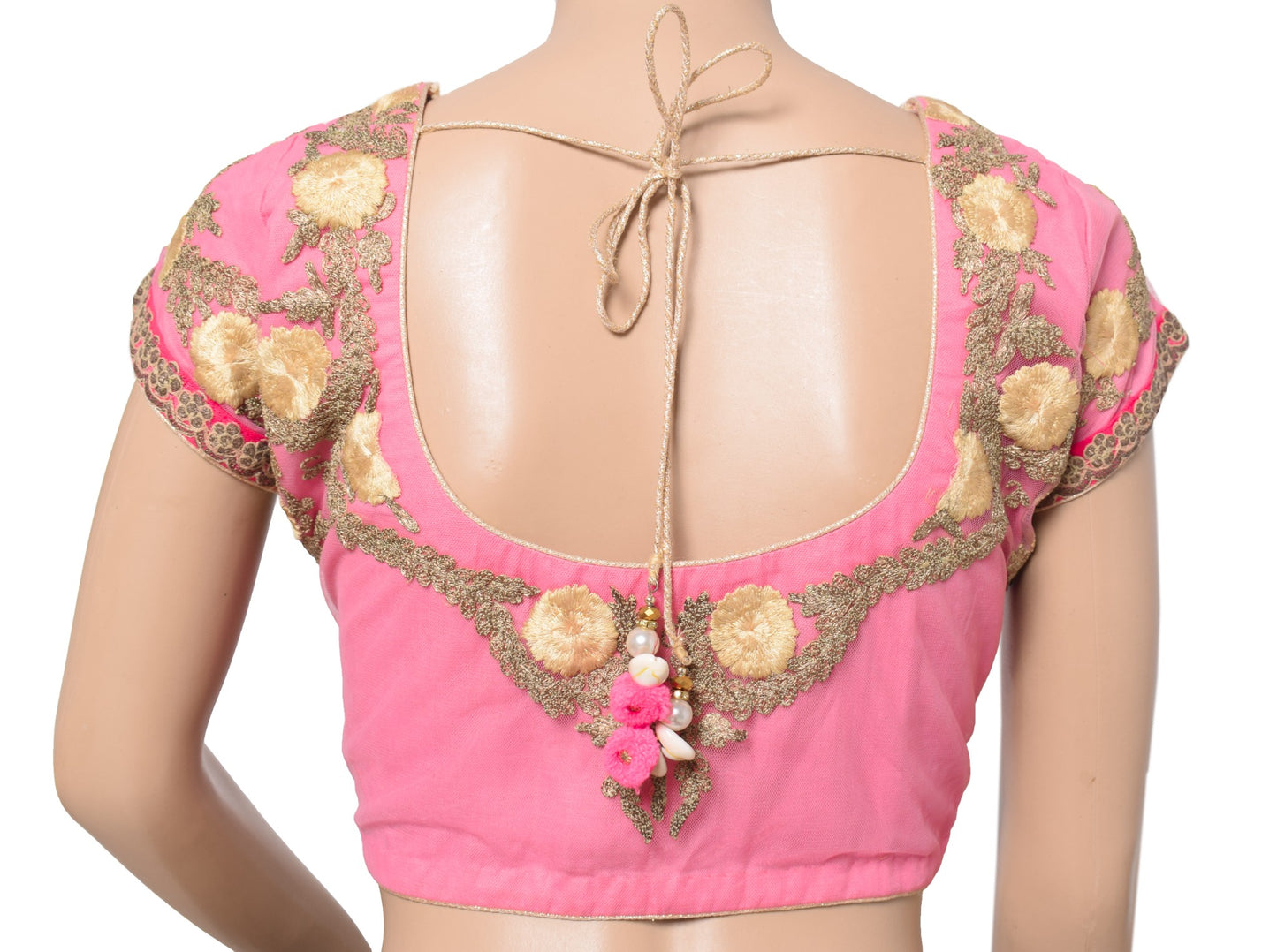 Sushila Vintage Floral Embroidered Sari Blouse Pink Net Mesh Designer Choli 38"