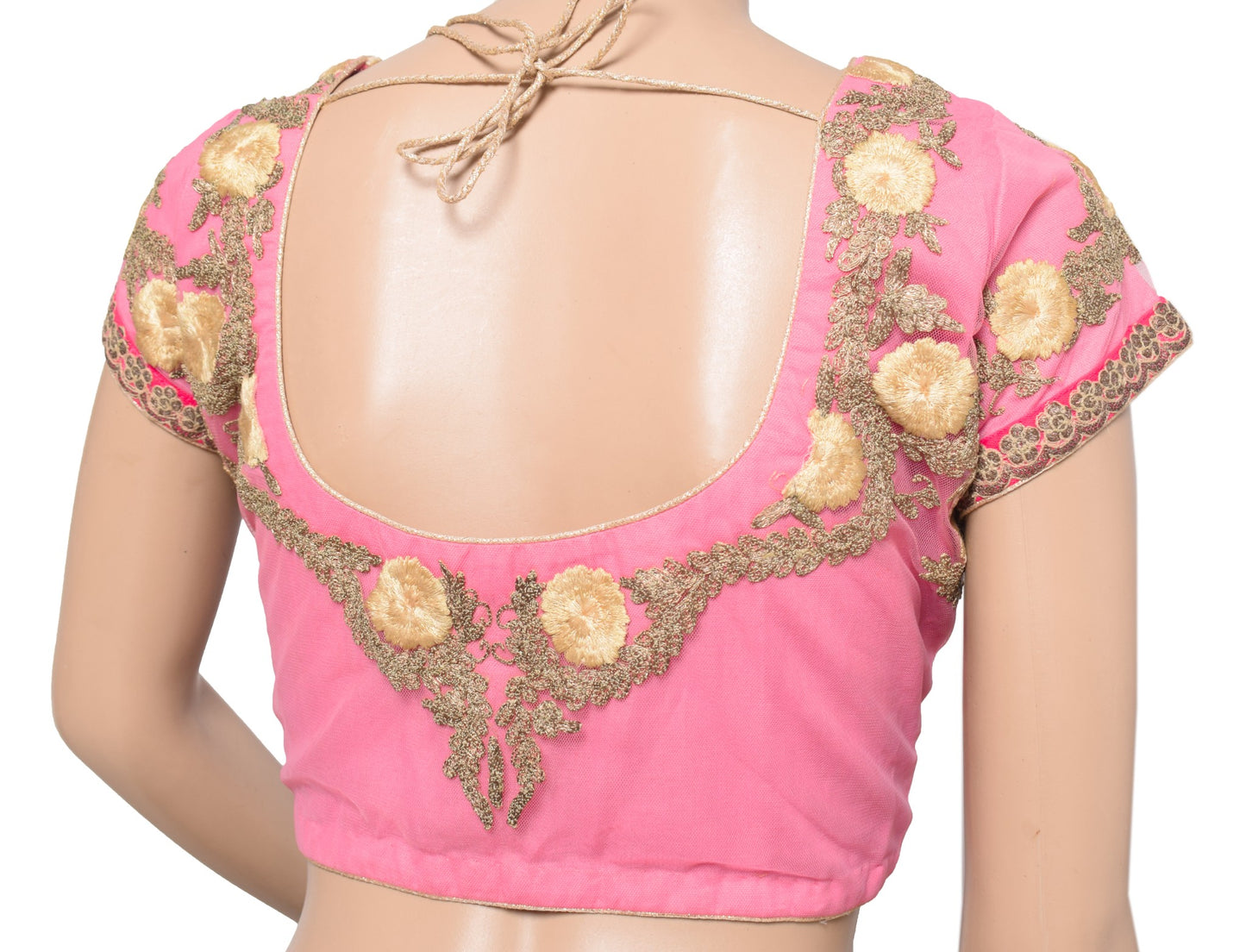 Sushila Vintage Floral Embroidered Sari Blouse Pink Net Mesh Designer Choli 38"