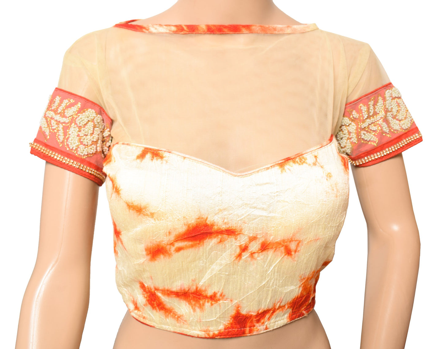 Sushila Vintage 34" Batik Print Saree Blouse Silk Cream and Orange Designer Top
