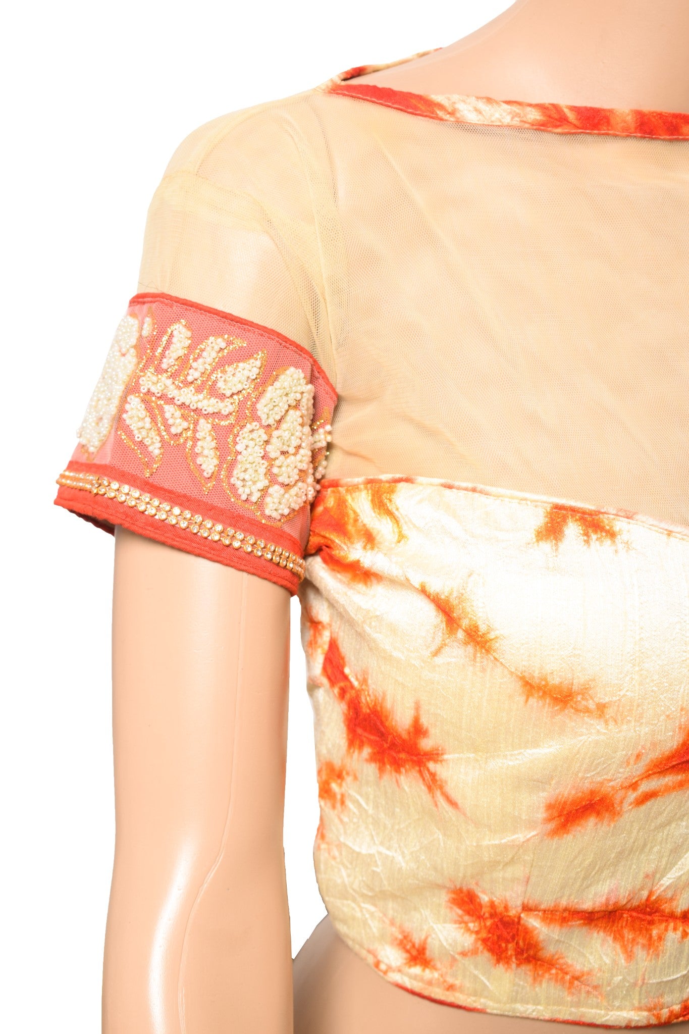 Sushila Vintage 34" Batik Print Saree Blouse Silk Cream and Orange Designer Top