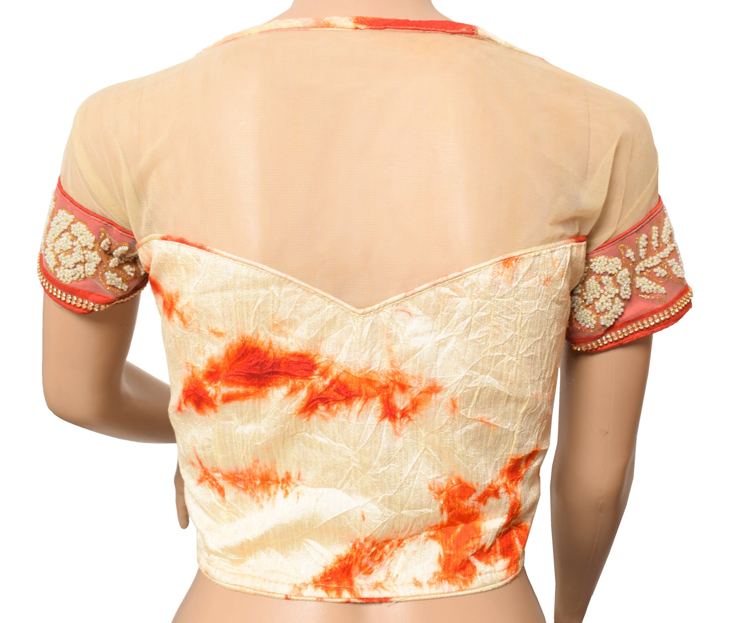 Sushila Vintage 34" Batik Print Saree Blouse Silk Cream and Orange Designer Top