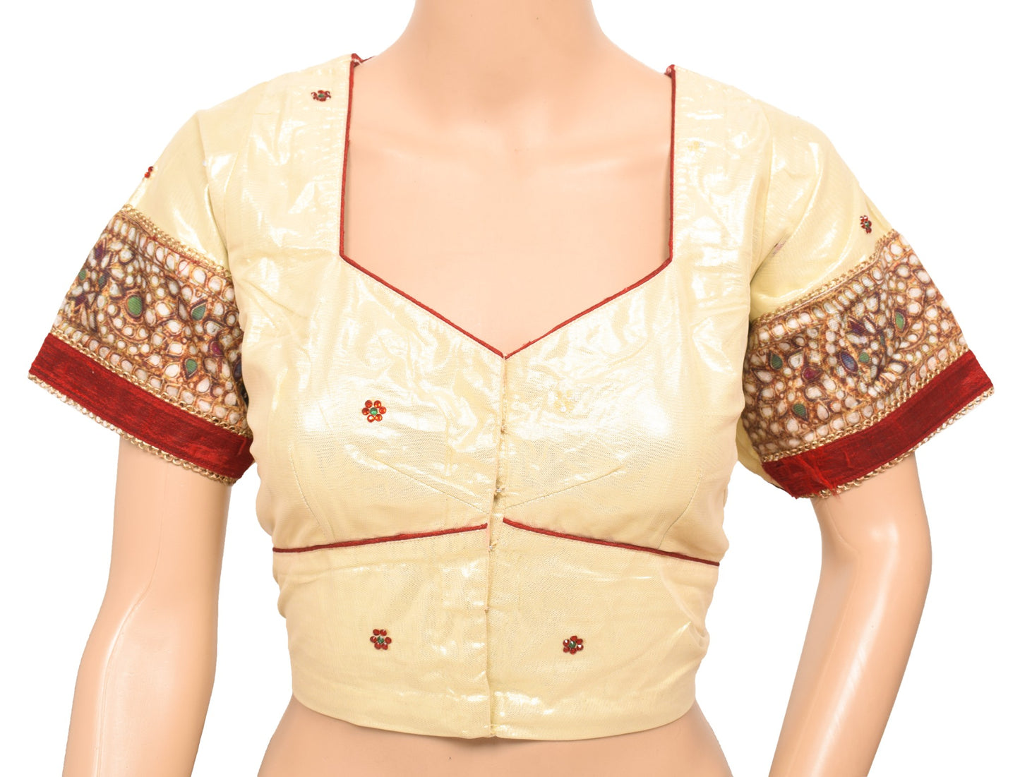 Sushila Vintage Readymade Golden Sari Blouse Beaded Net Designer Choli Top 42"
