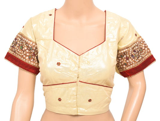 Sushila Vintage Readymade Golden Sari Blouse Beaded Net Designer Choli Top 42"