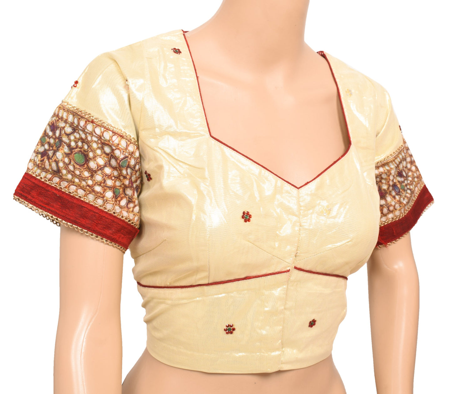 Sushila Vintage Readymade Golden Sari Blouse Beaded Net Designer Choli Top 42"