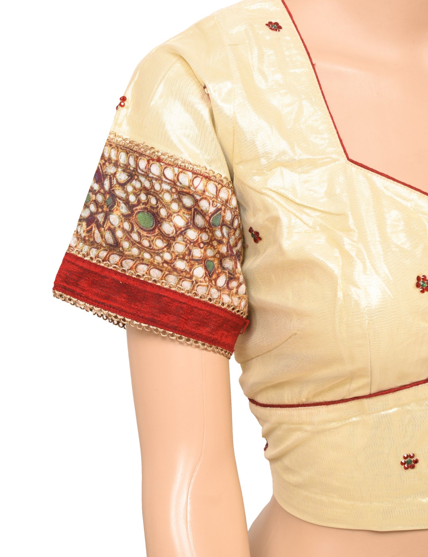 Sushila Vintage Readymade Golden Sari Blouse Beaded Net Designer Choli Top 42"