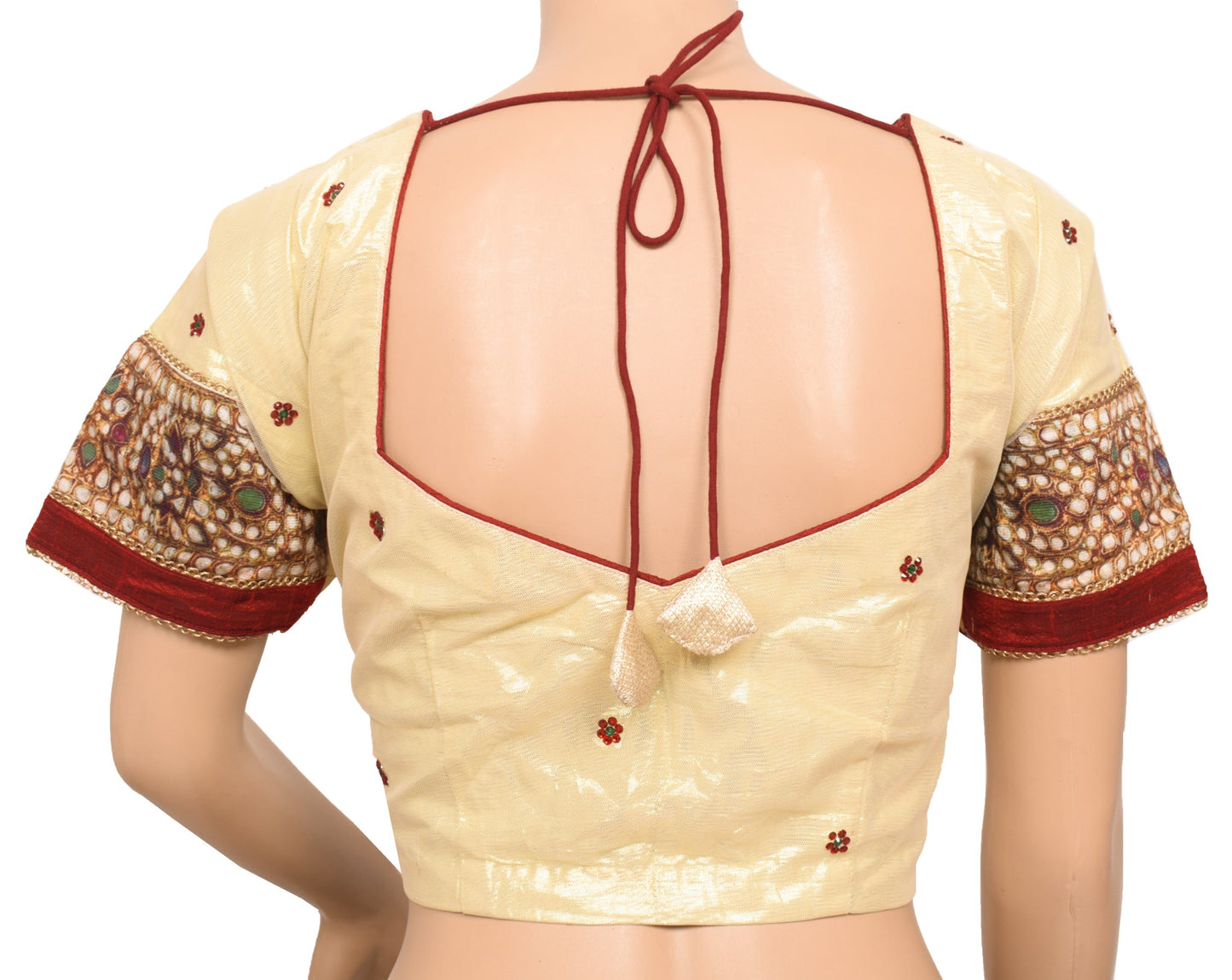 Sushila Vintage Readymade Golden Sari Blouse Beaded Net Designer Choli Top 42"