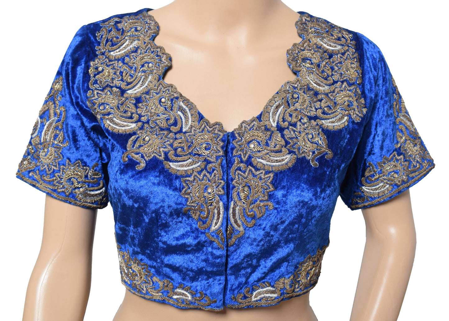 Sushila Vintage Blue Velvet Saree Blouse Gold and Silver Zardozi Work Choli 36"