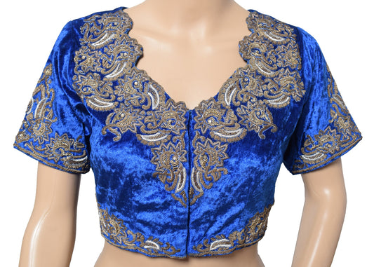 Sushila Vintage Blue Velvet Saree Blouse Gold and Silver Zardozi Work Choli 36"