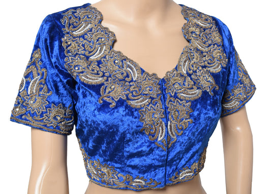 Sushila Vintage Blue Velvet Saree Blouse Gold and Silver Zardozi Work Choli 36"