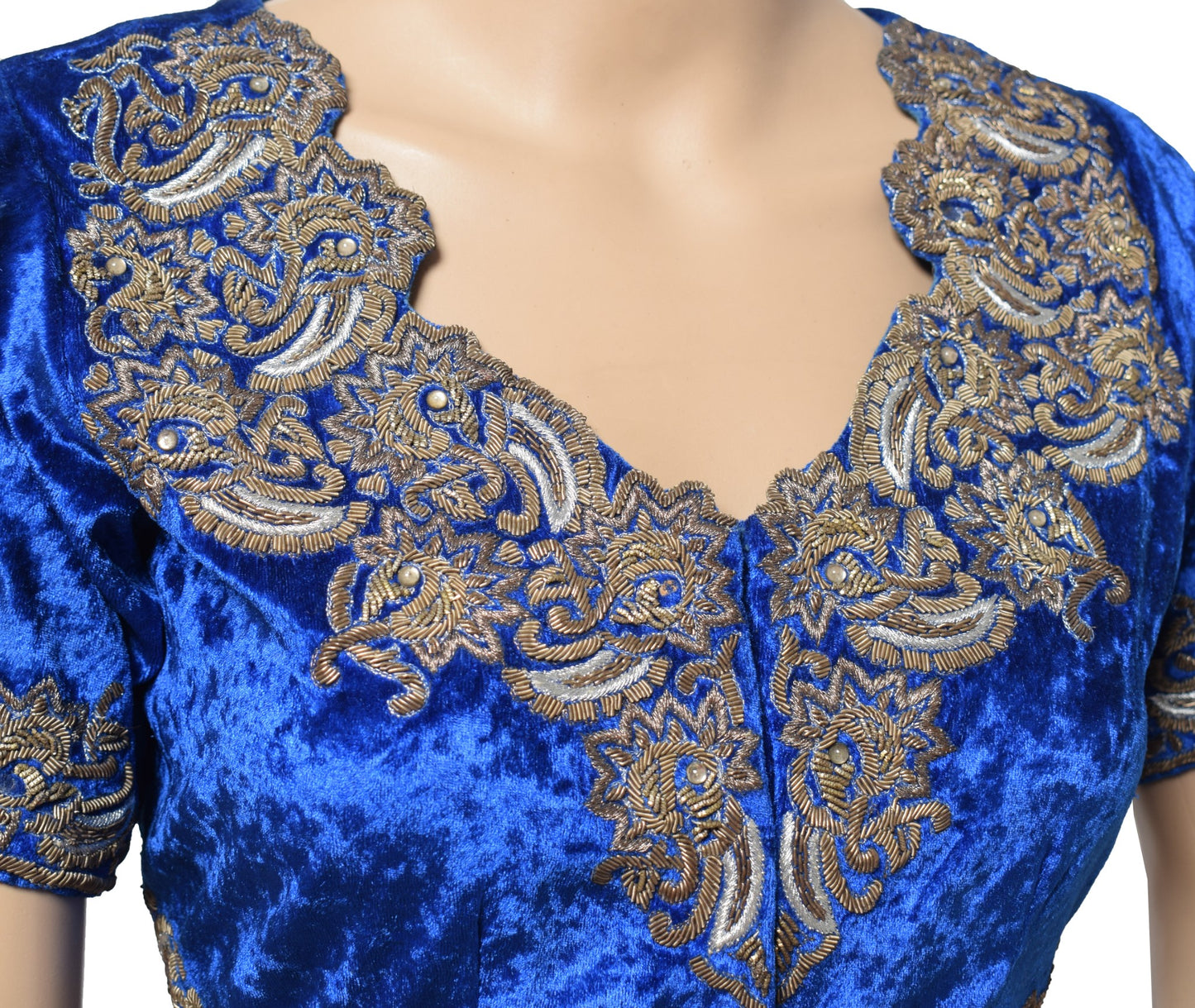 Sushila Vintage Blue Velvet Saree Blouse Gold and Silver Zardozi Work Choli 36"